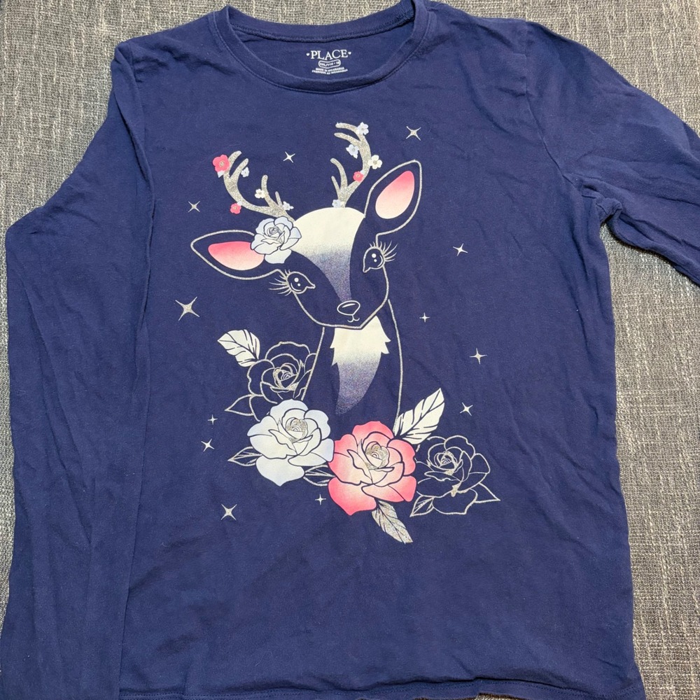 The Childrens Place Navy Blue Deer Floral Graphic Long Sleeve Tee (Girls XXL 16)